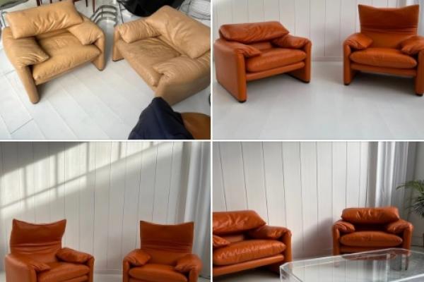 Rénovation et pigmentation de fauteuils Cassina Maralunga avec changement de coloris