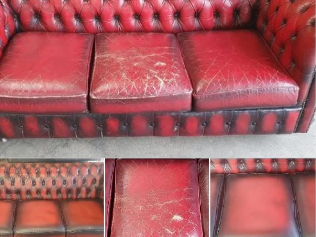 Sauvetage d'un grand canapé Chesterfield en remplaçant les dessus des assises 