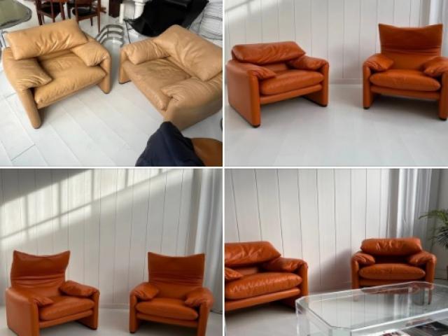 Rénovation et pigmentation de fauteuils Cassina Maralunga avec changement de coloris